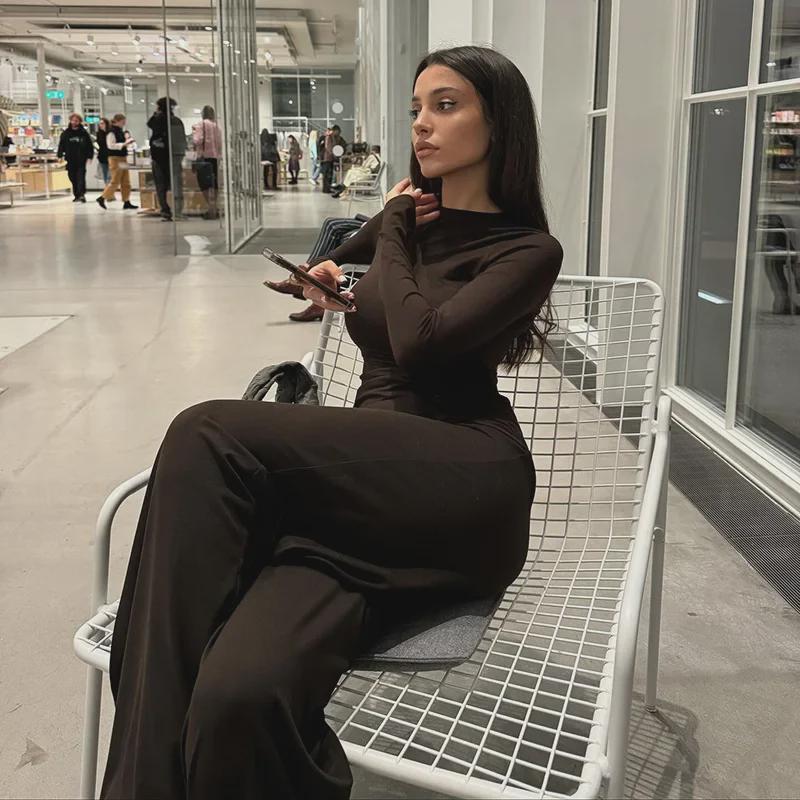 Y24ST593 Γυναικείο Μονόχρωμο Τοπ Μακρυμάνικο & Παντελόνι Ευρείας Γραμμής Κοστούμι για Φθινόπωρο - Ευρωπαϊκό & Αμερικάνικο Στυλ