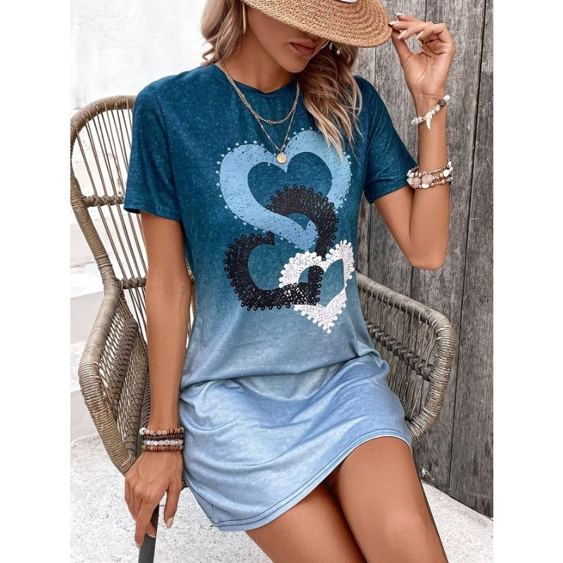 Women's Fashion Short Sleeve Heart Print Dress