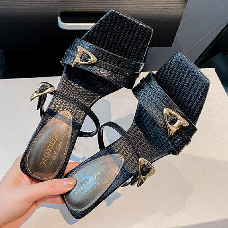 Fashion Fashion Metal Love Buckle Design Brand Slippers Women Sexy Open Toe Thin Heel Slide Sandals Elegant Comfort Sandalias De Mujer