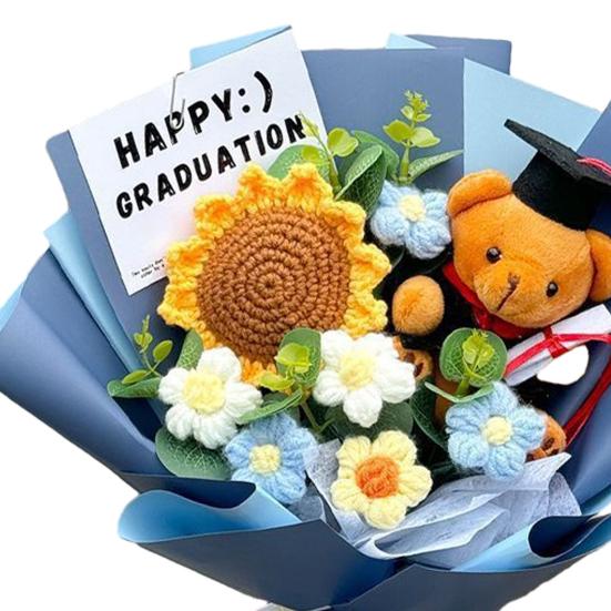 Graduation Crochet Flower Bouquet Handmade Knitted Artificial Sunflower Puff Flower Bear Graduation Gifts for Grad Party Favors