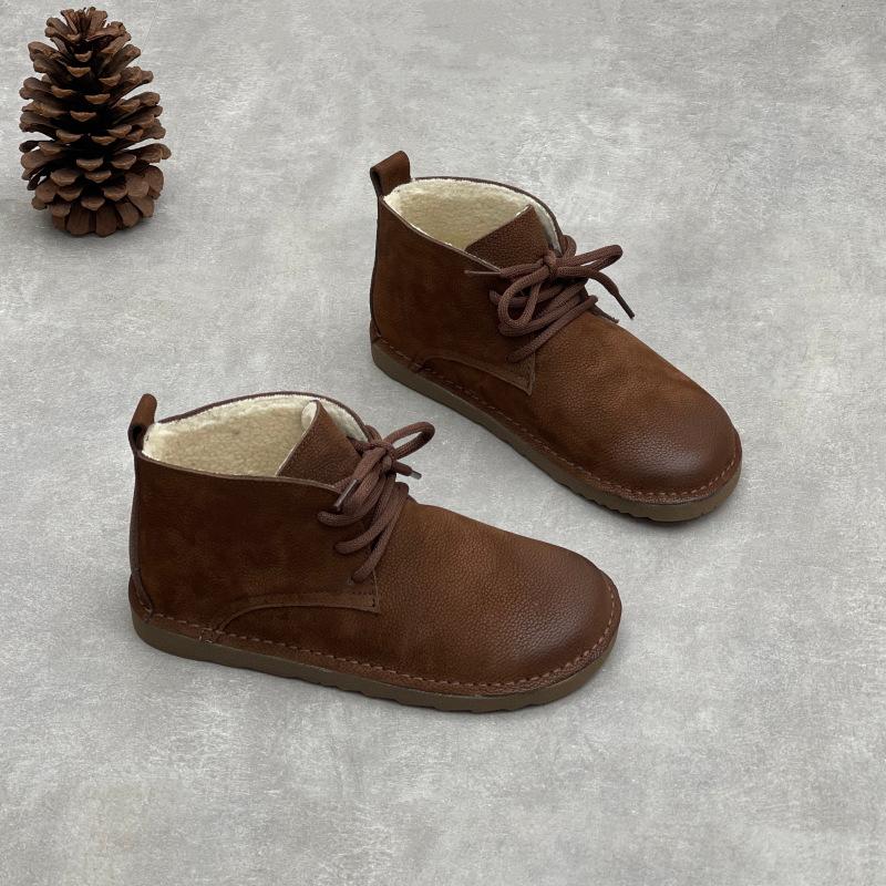 New Women's Ankle Boots, Retro Lace-up Round Toe Flat Soft-soled Shoes