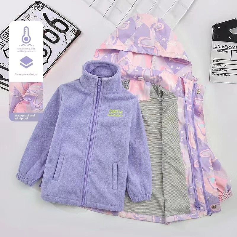Girls  3-in-1 Hooded Thickened Detachable Autumn and Winter Clothes Purple Size 130 Recommended Height 120cm
