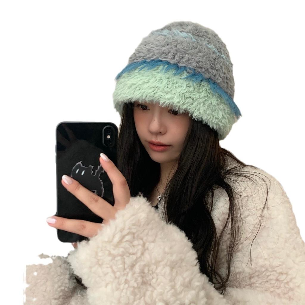 Korean Style Face Showing Small Plush Knitted Hat for Women In Autumn and Winter New Thickened Warm Ear Protection Woolen Hat Big Head Basin Hat