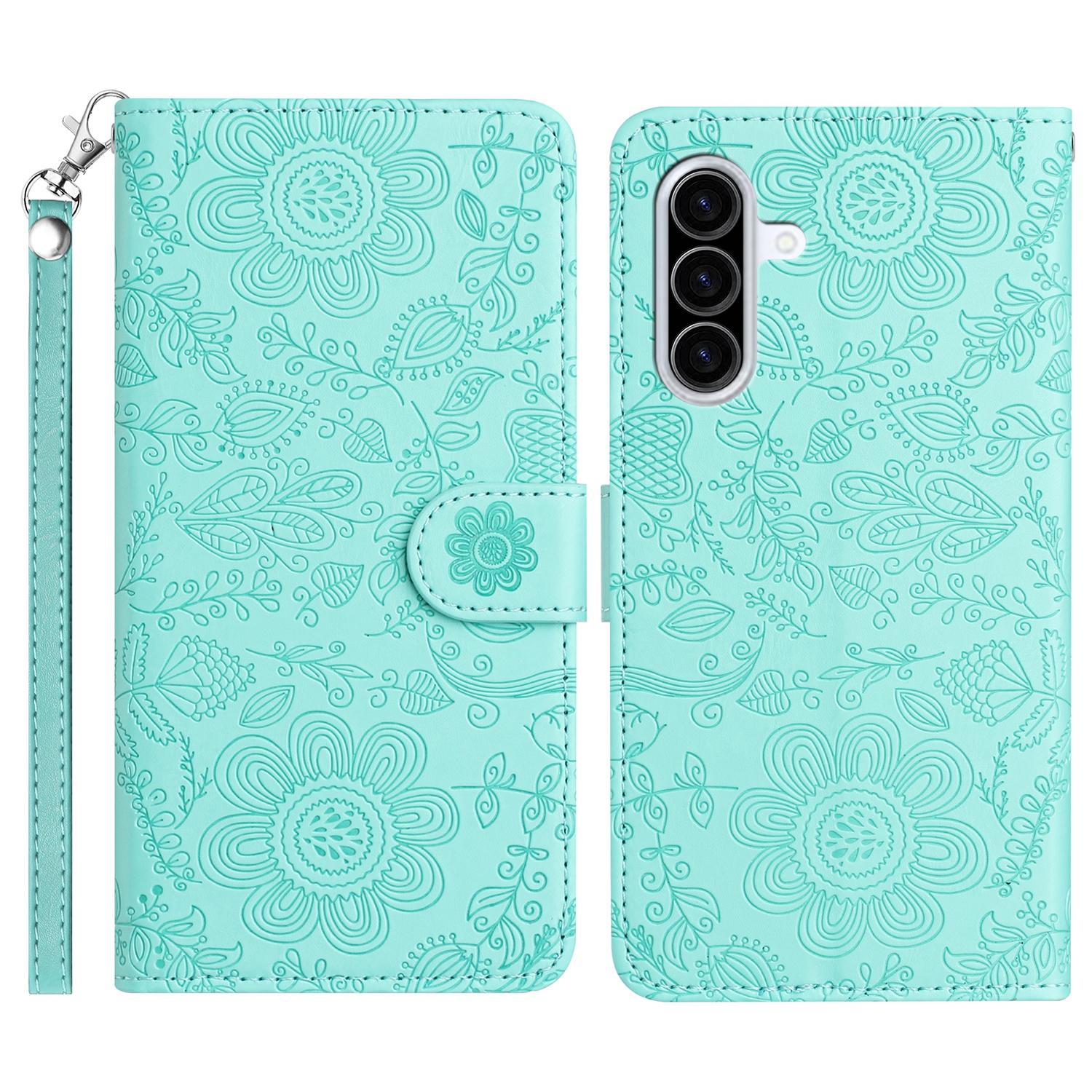 

For Samsung Galaxy A56 5G Case Flower Imprint Leather Flip Wallet Phone Cover with Wrist Strap E