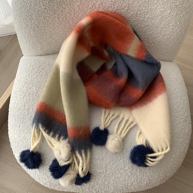 Dopamine Color Striped Handmade Hairball Warm Scarf Women's Winter Thickened Cold-proof Couple Scarf Shawl