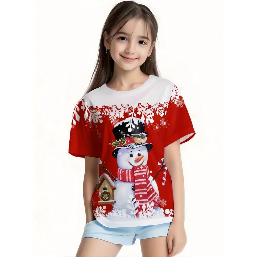 

3D Printed Santa Claus, Short-Sleeve Girls T-Shirt with Round Neck, Casual, Pretty and Beautiful Girls Top 140