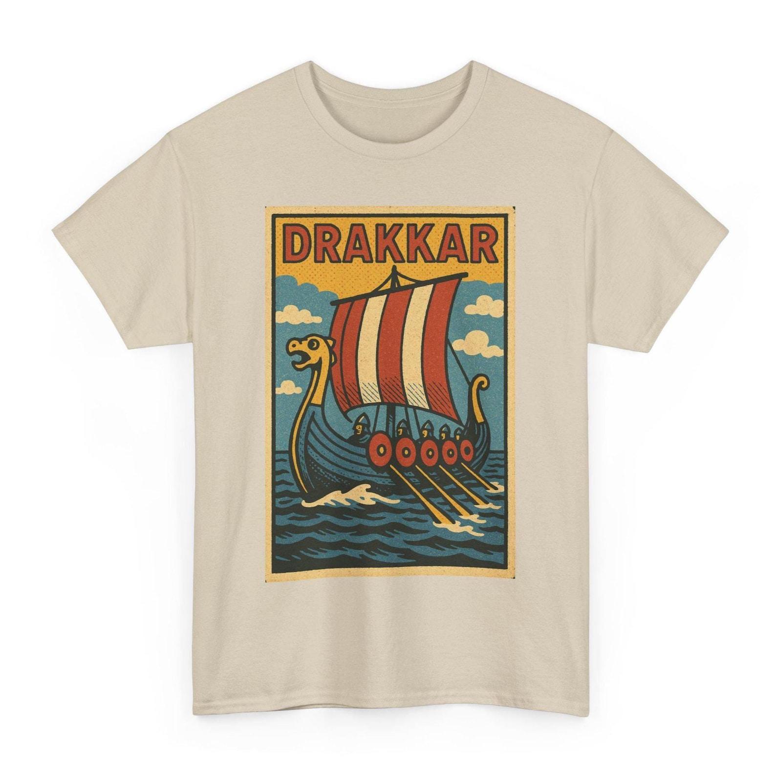 Drakkar Viking Longship T-Shirt: Retro Comic Norse Raider Tee L