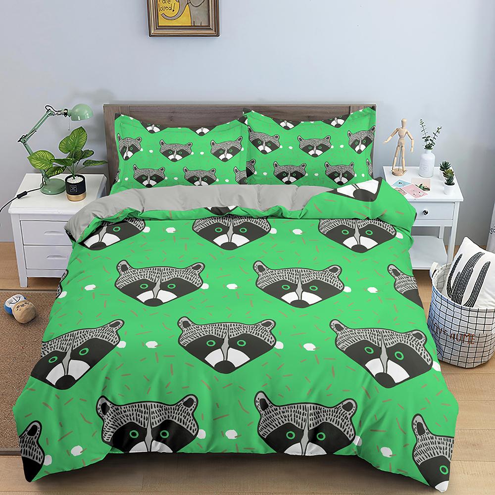 Raccoon Duvet Cover Set Grey Black Wild Animals Colourful Background King Queen Size Comforter Cover Polyester For Kids Boy Girl