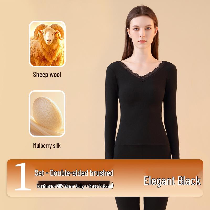 Women's Lace V-neck Warm Lingerie Set: Seamless Slimming Antibacterial Base Layer for Autumn and Winter
