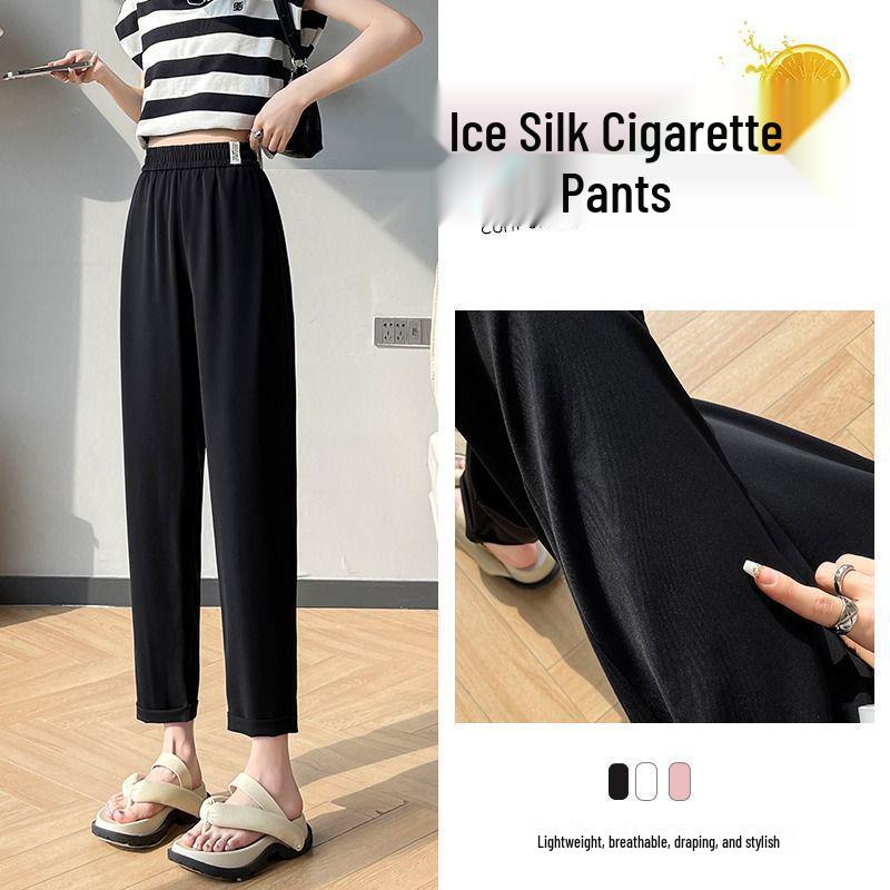 Women s Off-White Ice Silk Cropped Harem Pants - Slimming, Lightweight, Casual Straight-Leg Cigarette Fit S (85-100 lbs)