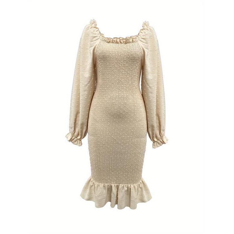 Women Slim Fit Square Neck Long Sleeve Fishtail Dress High Waist Mid Length Spring Summer Fungus Edge Dresses Sizes S-XL