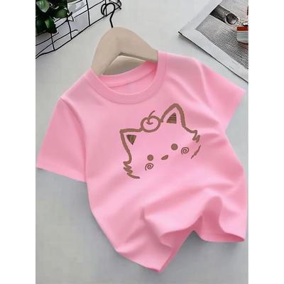 Europäische Größen Niedliches katzenohrähnliches Shiba Inu-T-Shirt für Mädchen - Sommer-Kurzarm-Rundhals-Oberteil mit lächelndem welpenähnlichem Gesichtsdruck