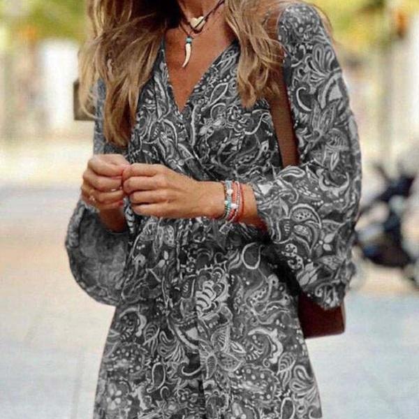 Abito boho casual estivo da donna con stampa floreale, maniche a sbuffo, vita alta, abiti da spiaggia midi