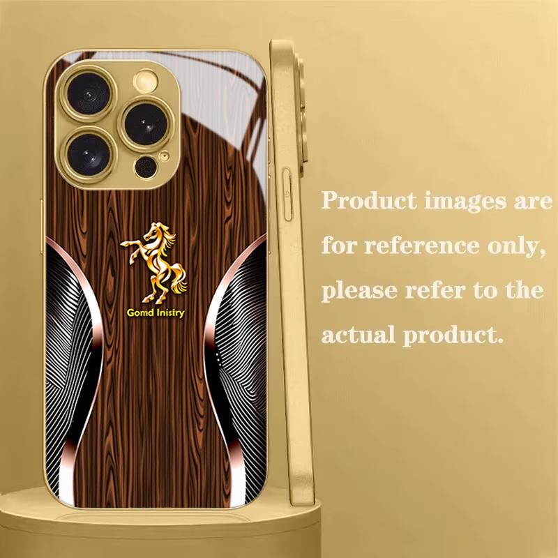 Golden Horse Wood Grain Tempered Glass Phone Case For iPhone 18 17 Pro Max 16 15 14 Plus 13 12 11 Pro 17Air 16E Protect Cover