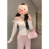 [Human Cotton Modal] One-word shoulder bow strap long-sleeved T-shirt women's slim short top pink
