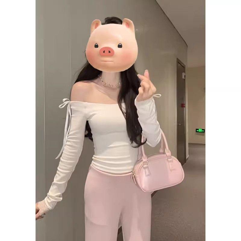 [Human Cotton Modal] One-word shoulder bow strap long-sleeved T-shirt women's slim short top pink