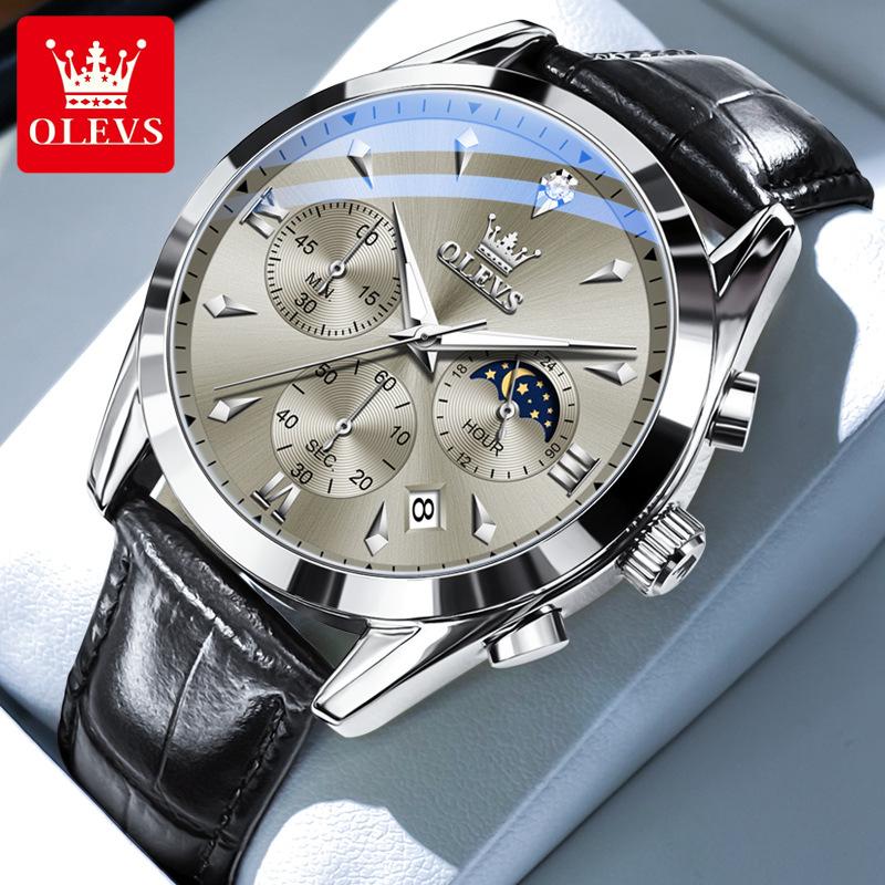 OLEVS Original Moon Phase Chronograph Man Watch Leather Strap Waterproof Luminous Luxury Brand Quartz Wrist Watches for Men