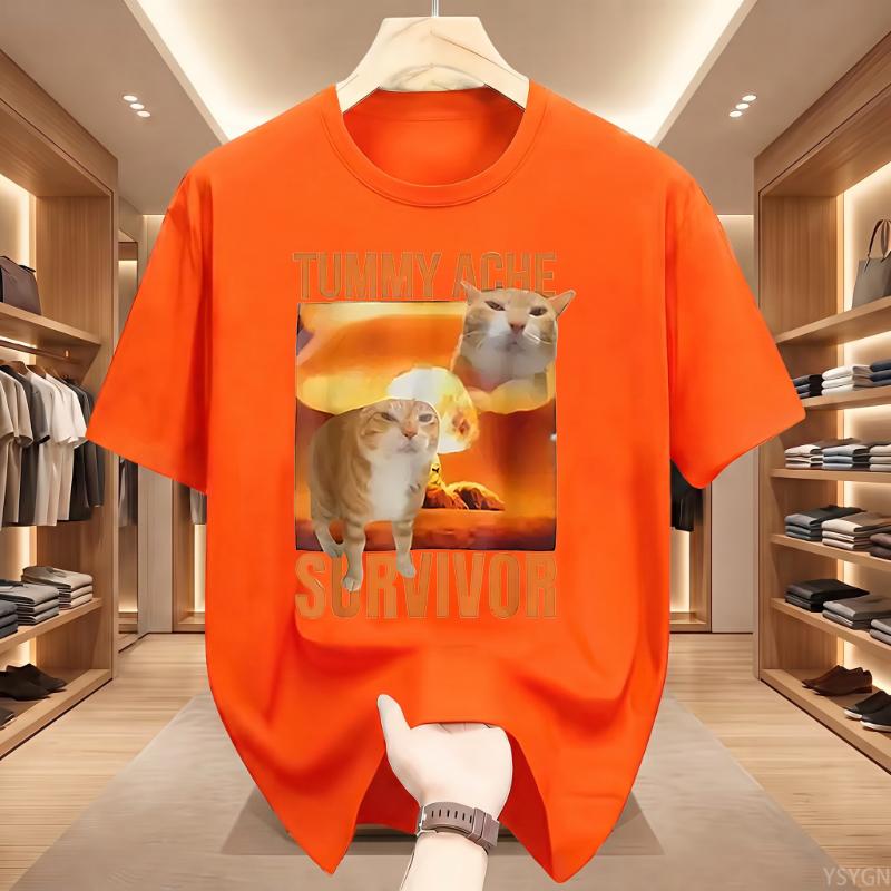 Tummy Ache Survivor Cat Funny Retro Casual Round Neck Pure Cotton Shortsleeved Tshirt Unisexs Summer Fashion Trend Breathable Top