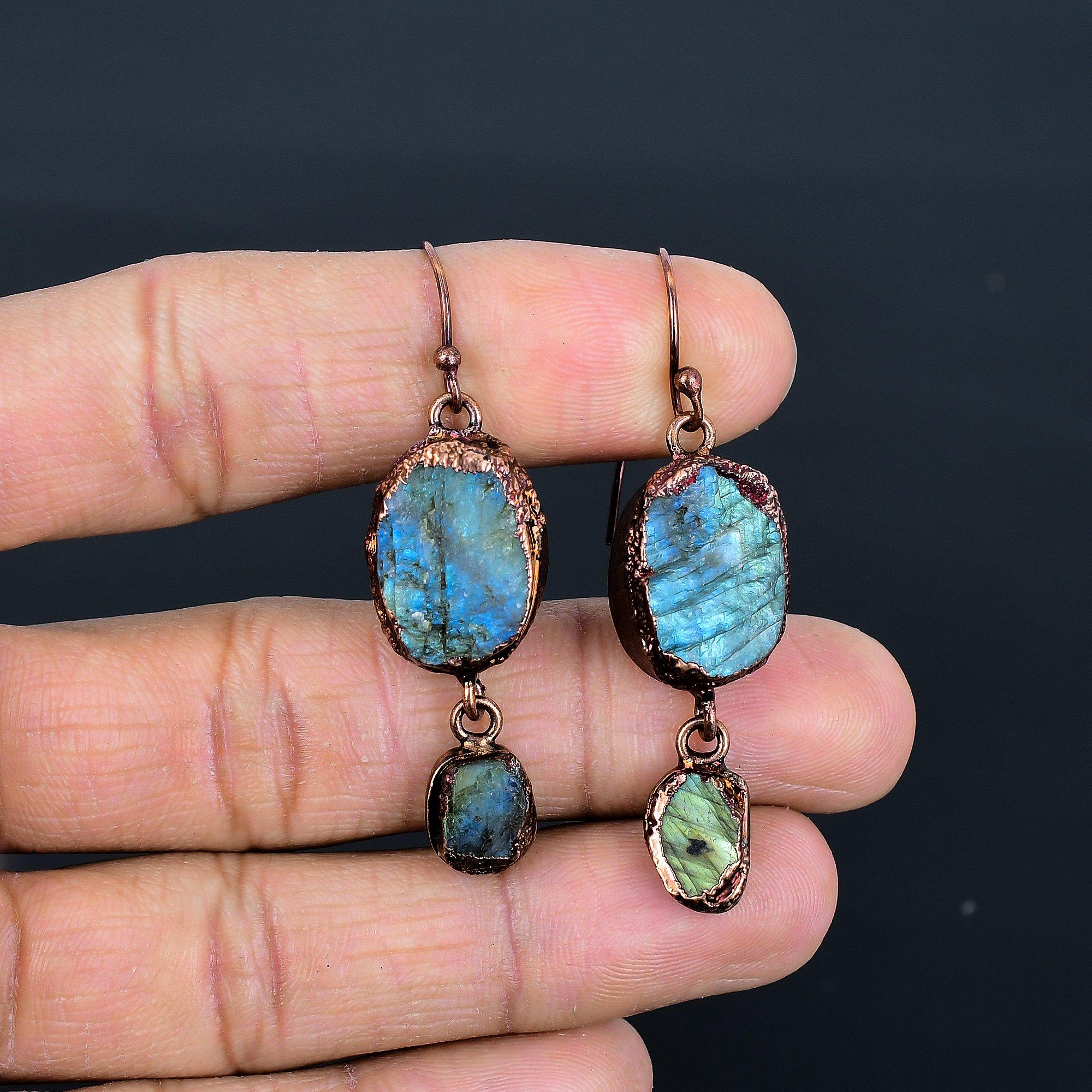 

Серьги из лабрадорита с медным гальванопокрытием, Ювелирные изделия ручной работы с драгоценными камнями, Подарки для жены, Совершенно новые серьги