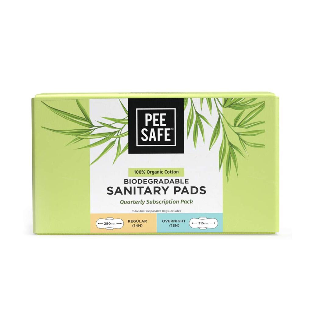 Pee Safe 100% Organic Cotton Biodegradable Sanitary Pads, 14 Regular & 18 Overnight Pads - Quarterly Pack | Anti-Bacterial | Superb Absorbency | Sk