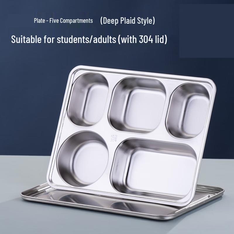 ZISIZ Stainless Steel 5-Compartment Meal Tray with Lid