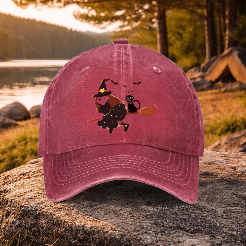 Halloween Witch Black Cat Print Washed Baseball Cap Unisex Casual Hat for Golf Outdoor Daily Wear