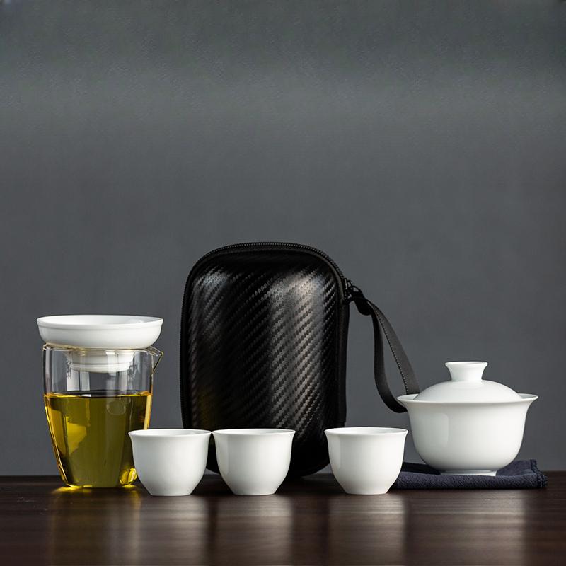 Dehua White Porcelain Travel Tea Set Outdoor Travel Portable Glass Quick Cup Cover Bowl Small Three Cups