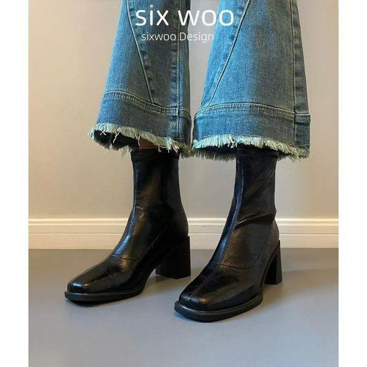 French Soft Leather Chunky Heel Women's Ankle Boots - Retro Square Toe, High Heel, Elastic Slimming, Plus Velvet, Autumn/Winter 2025 Collection.