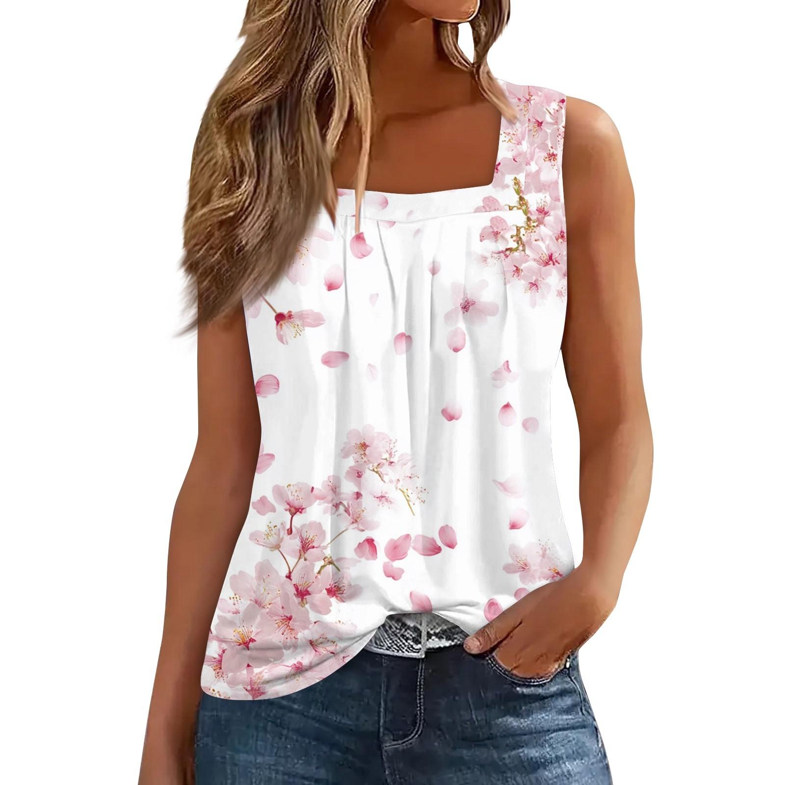 

Женская плиссированная футболка без рукавов с квадратным воротником и принтом M розовый