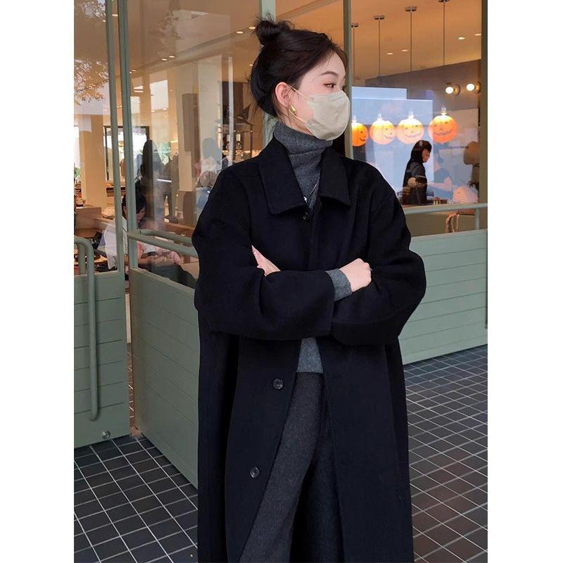 2025 Yellow Doll Collar Woolen Coat for Women - New Korean Autumn/Winter Thickened Mid-Length Outerwear