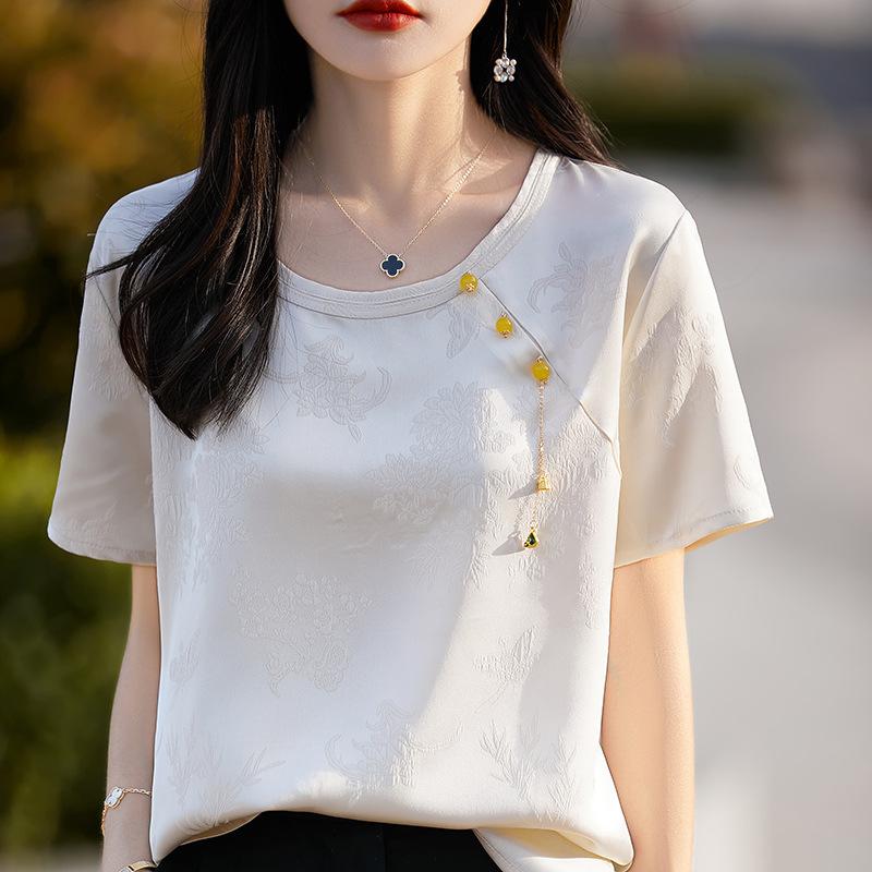 New Chinese Style Short-sleeved T-shirt for Women In Summer Round Neck Satin Jacquard Shirt Top Slim T-shirt