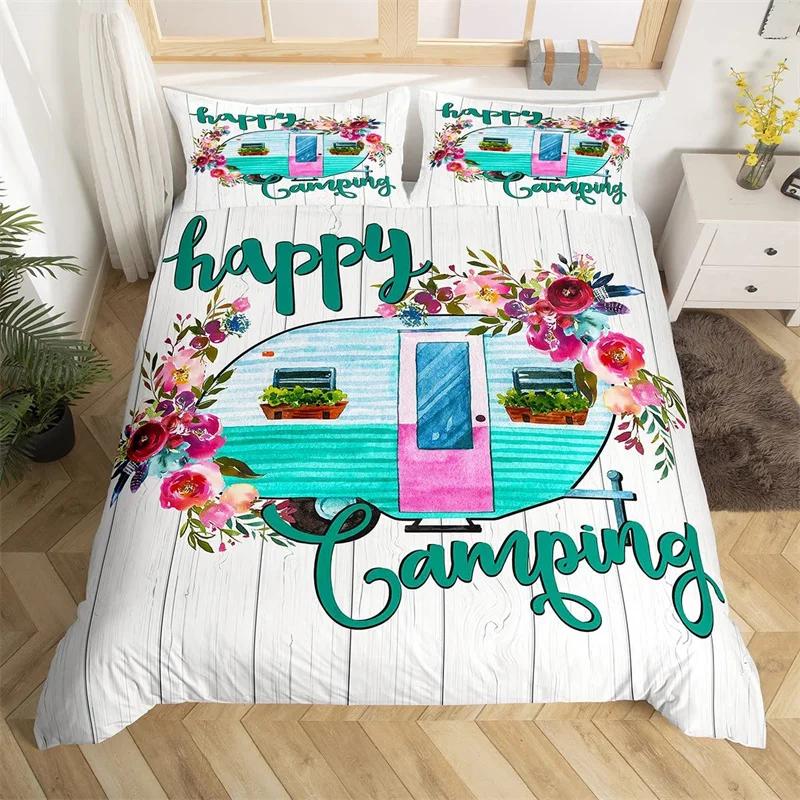 Camper Bedding Set Vintage Cabin Twin Full King Duvet Cover Cartoon Camp Travel Car Quilt Cover Farmhouse Style Comforter Cover