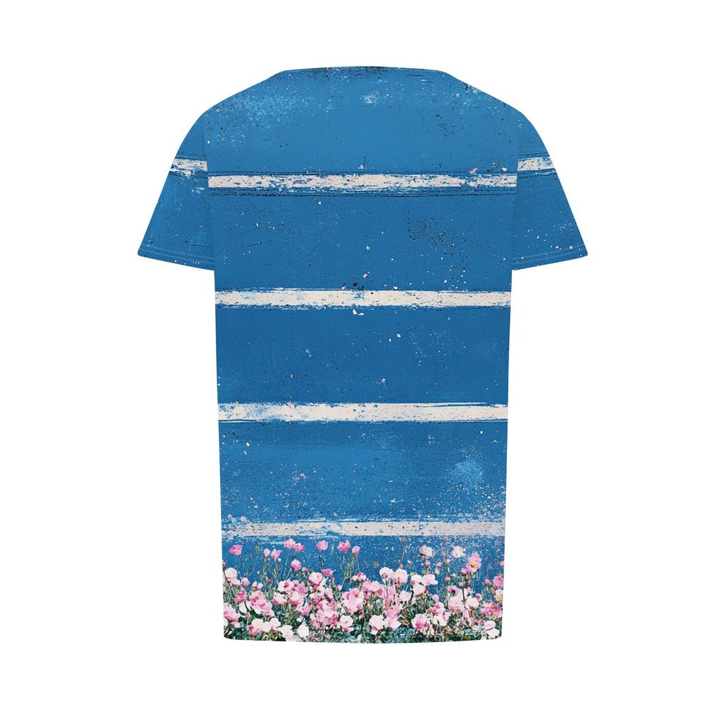 Women's Fashionable Casual Pleated Round Neck Striped Flower Printed Short Sleeved T Shirt Top