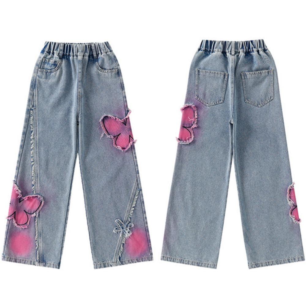 2025 Big Hot Deals Girls Fashion Spray-Painting Butterfly Denim Wide Leg Pants High Waist Korea Style Long Jeans Teens Trousers