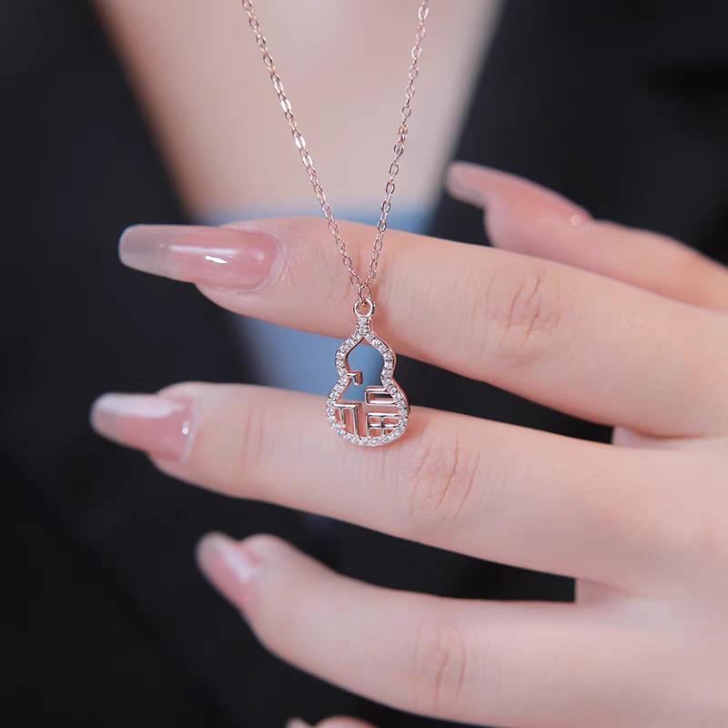 S925 Sterling Silver Fu Lu Gourd Necklace with Diamond Inlay - Chinese Style Clavicle Chain for Women S925 Silver розового золота