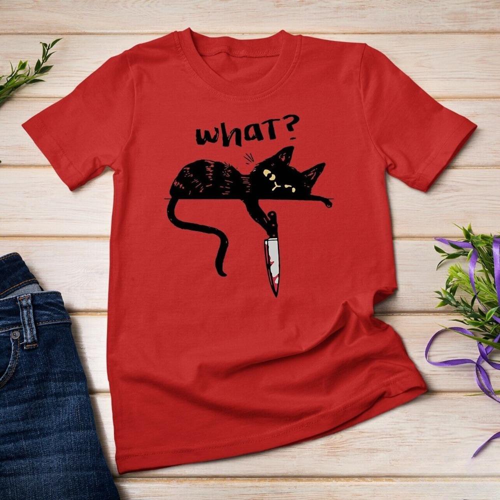 Black Cat with Knife Killer Funny Unisex T-shirt Creative Pattern Print Design T Shirt Men Women Casual Summer Short Sleeve