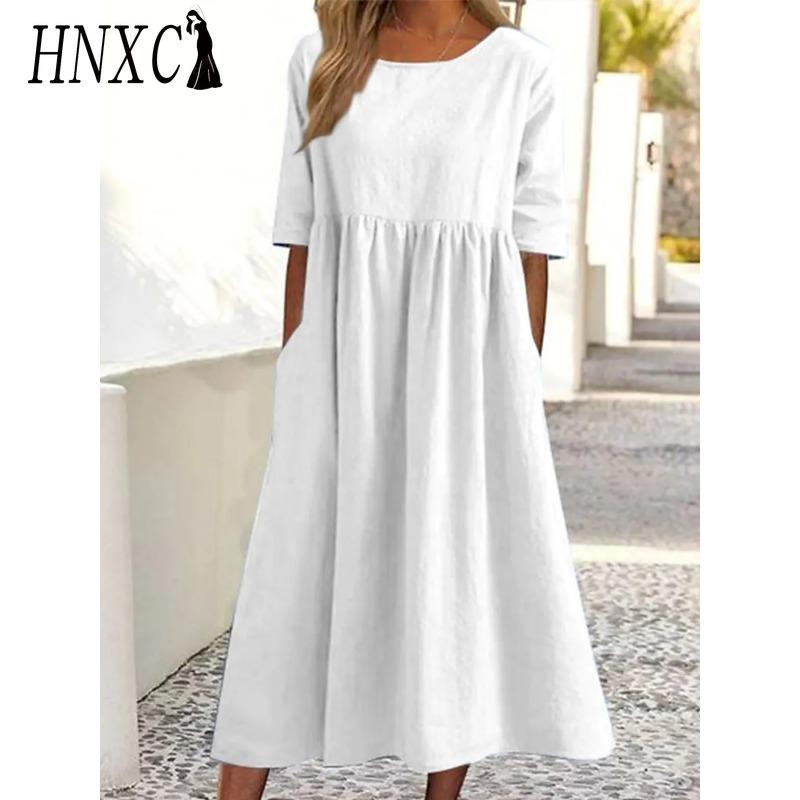HNXC Women's Fashion Summer Spring Solid Color Print Short Sleeve O-Neck High Waist Casual Dresses