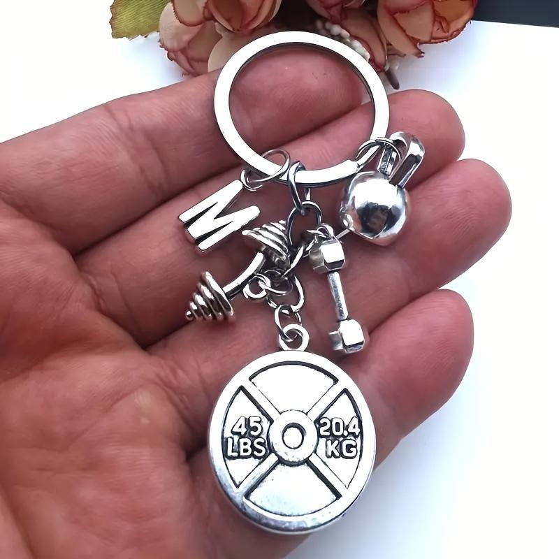 

Mini Sports Equipment Keychain: Barbell, Dumbbell, Kettlebell, Gym Letter.