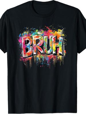 Weiches Herren-T-Shirt, Buntes Bruh Letter Tee mit lustigem Bildaufdruck für Junge, Premium-Qualität Freizeit-Outfit