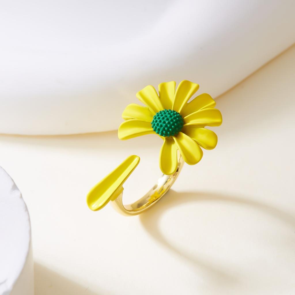 Kolorowe Małe Kwiaty Stokrotki Otwarty Regulowany Pierścionek Delikatny Słonecznik Kwiatowy Pierścionek na Palec Biżuteria na Wesele Imprezę Prezent Dla Kobiet Mężczyzn