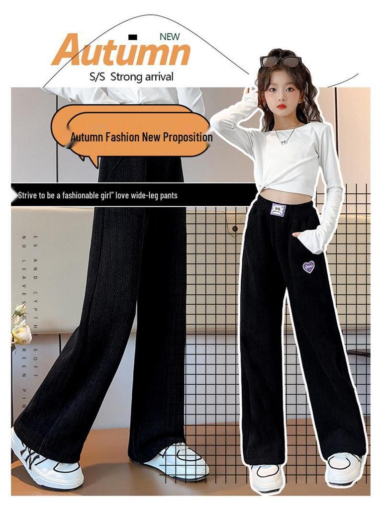 Girls' 2025 Autumn/Winter Fashionable Fleece-Lined Wide-Leg Pants