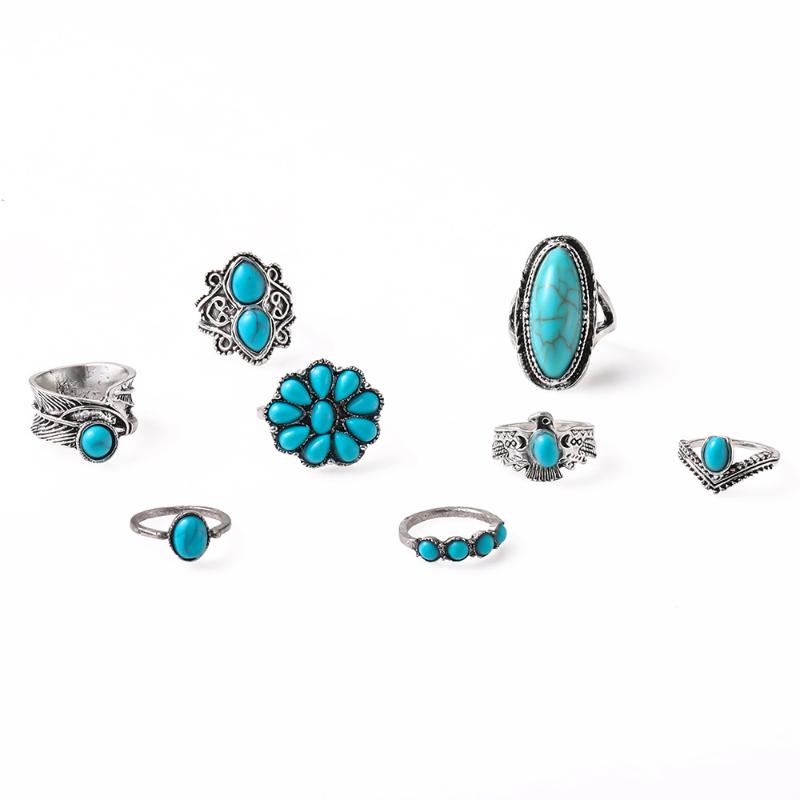 

8/9Pcs Vintage Boho Turquoise Rings Set Women Vacation Style Daily Festival Jewelry Party Decoration Gifts 8pcs set