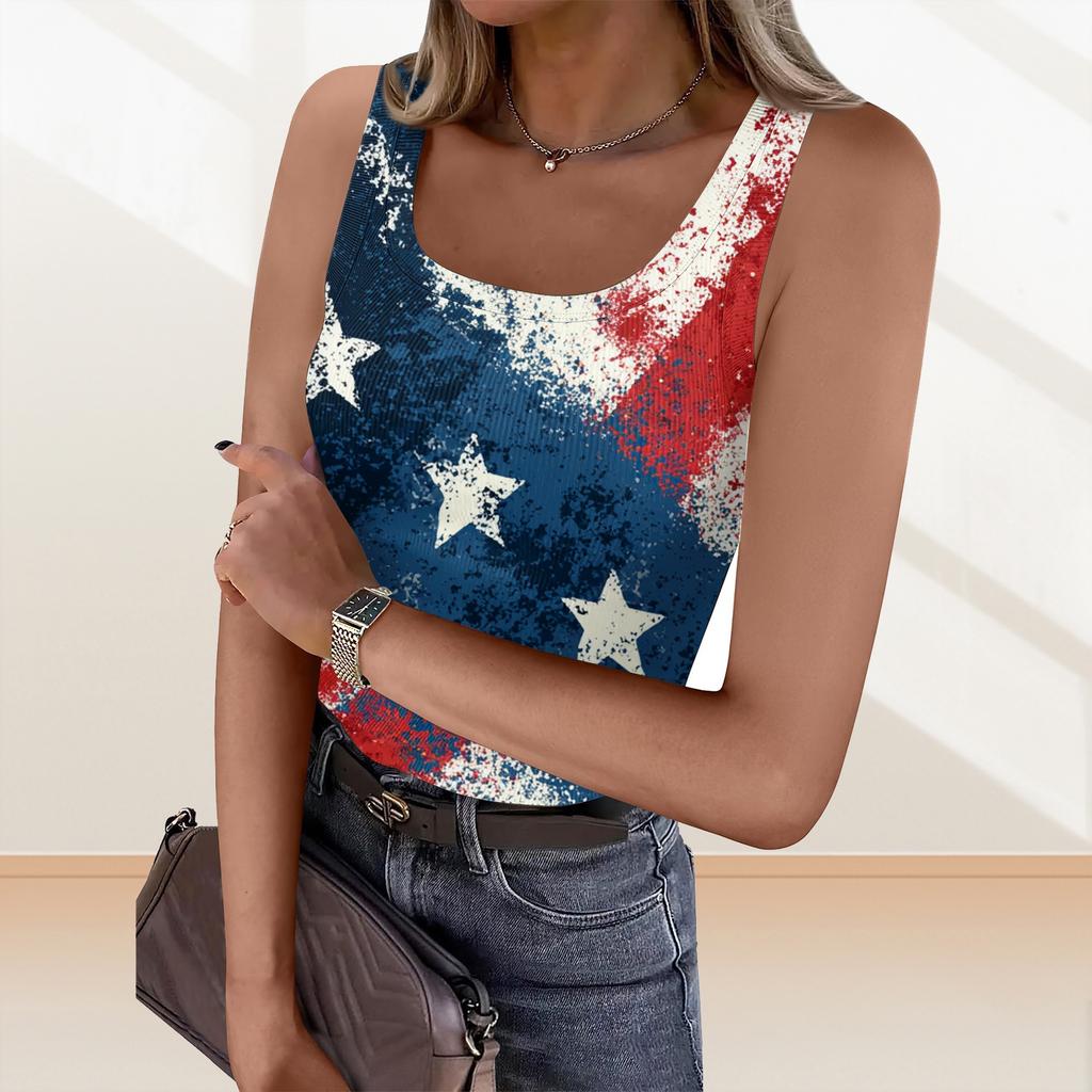 Women's Summer Fashionable Casual Independence Day Printed Round Neck Sleeveless Top Fitted Vest