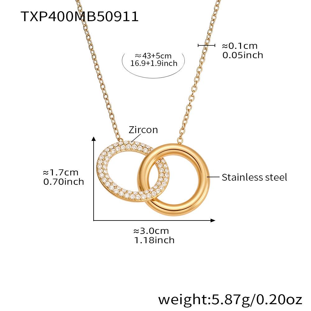 Dreamy Chic Double Ring Zirconia Rhinestone Bracelet & Necklace Set - 18K Gold Plated Stainless Steel, Non-Fading Jewelry.