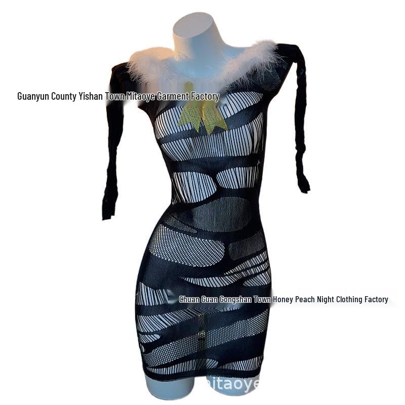 Sexy Fluffy Bow Christmas Mesh Cutout Bodycon Dress with Long Sleeves