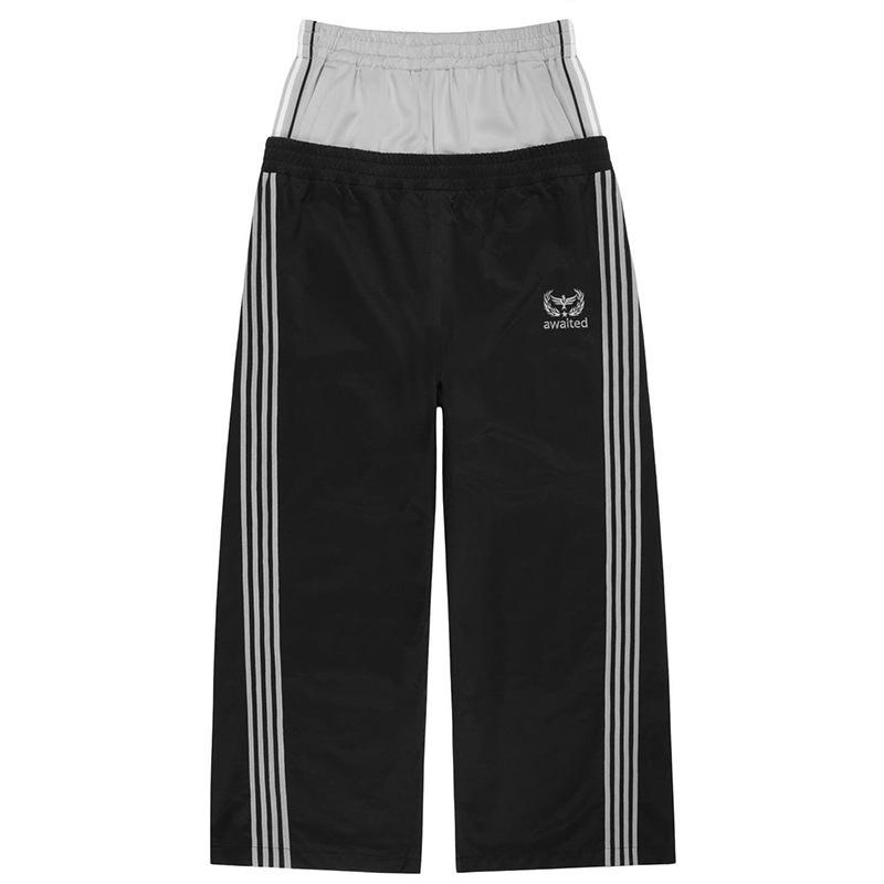 

Европейский и американский Y2K вышитый узор двухсторонний пояс ложный двухкомпонентный свободный крой брюки для мужчин и женщин S чёрный