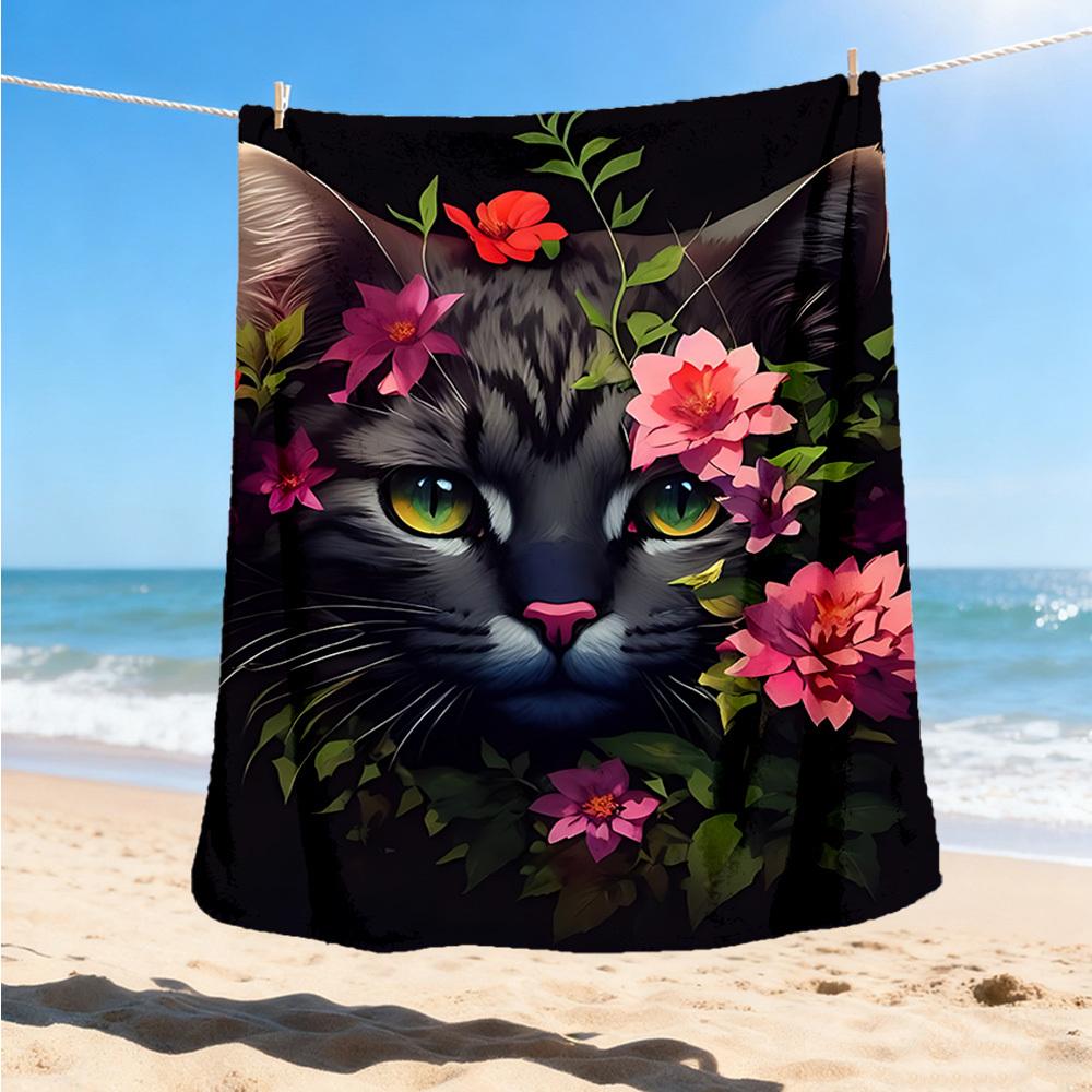 1pc Floral Cat Artwork Outdoor Soft Polyester Flannel Throw Blanket Versatile for All Seasons , Soft , Cozy , Warm All Season Quilted Throw ,