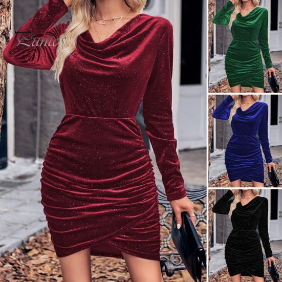 Elegant Cinched Waist Dress Lady Mini V Neck Slim Fit Pleated Long Sleeves Sheath Design Irregular Hem Pure Color Elastic Club Party Fall Spring Short