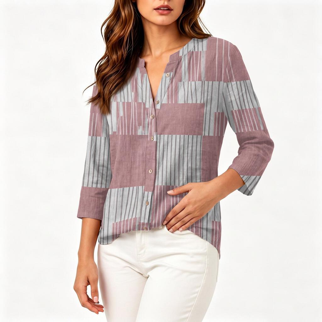 Women's Fashion Cotton Linen Printed 3/4 Sleeve Button Shirt for Casual Wear