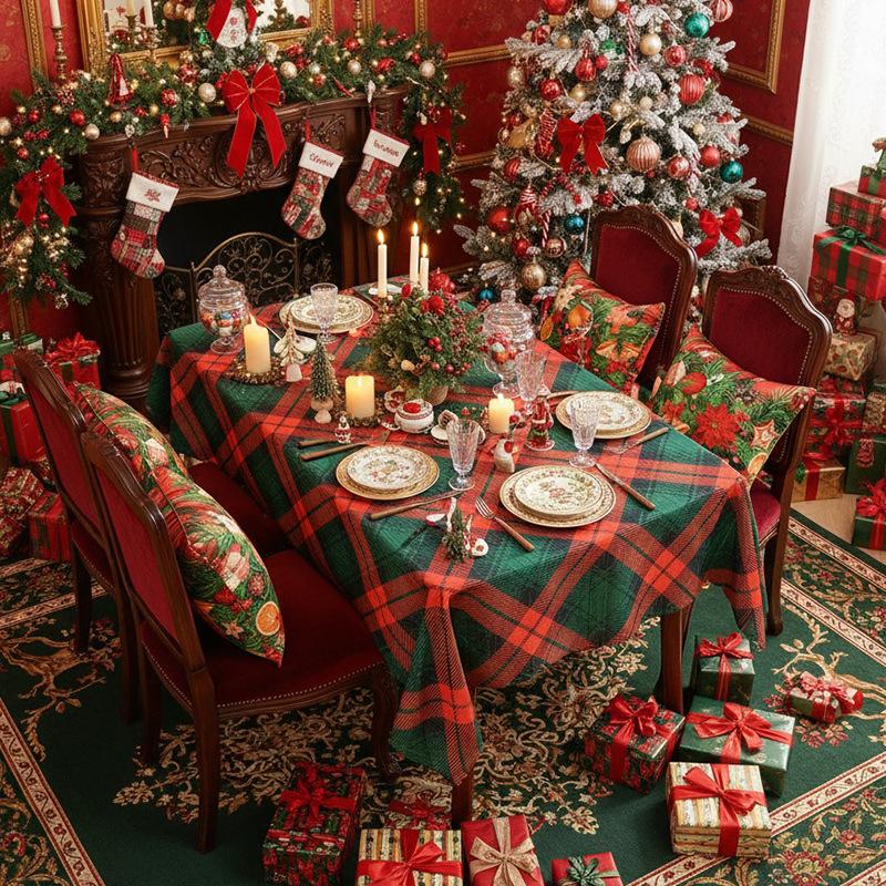 New American Table Cloth Christmas Themed Dining Table Cloth Holiday Beautification Decoration Checkered Printing Dust-proof